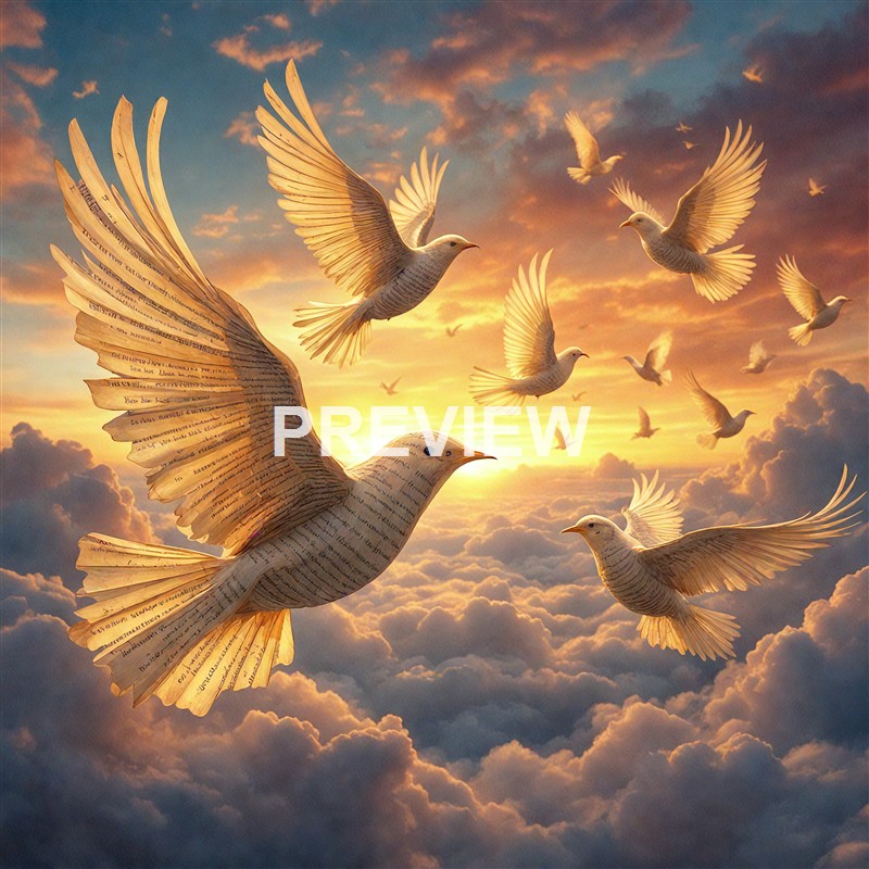 The image depicts a group of white birds flying through a sky filled with clouds, with the sunlight illuminating their wings, and the birds' bodies are covered in text that resembles writing.